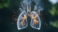 Glowing translucent human lungs with sparkles and light effects on dark background, medical anatomy illustration showing respiratory system bronchi structure.