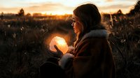 Young woman in winter coat holding glowing crystal ball in field at golden sunset, creating magical atmosphere with sunlit silhouette against dramatic sky.
