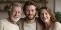 Multi-generational family portrait showing senior parents with adult son, smiling warmly in cozy home setting with soft natural lighting.