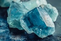 Raw aquamarine crystal formation with translucent blue color and geometric shapes on dark background, showing natural mineral structure and light reflection.