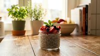 Chia seed pudding topped with fresh strawberries and mint leaf in glass jar on wooden table with potted plants and natural window light for healthy breakfast or dessert.