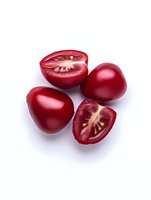 Fresh red grape tomatoes, whole and halved showing juicy interior on white background, isolated food photography for culinary and packaging design.