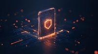 Glowing shield icon on smartphone screen with digital circuit background and orange light effects, cybersecurity concept for mobile protection.