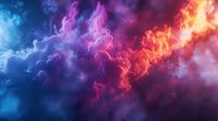 Vibrant red and blue smoke clouds colliding in dramatic motion against dark background, creating ethereal abstract patterns with purple transition in between.