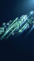 Digital growth arrow with glowing network connections and data points on dark blue background for business analytics and financial success concepts.