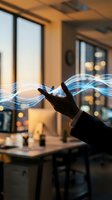 Business professional hand with glowing blue digital energy waves in modern office space representing innovation and technological advancement.