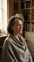 Mature Caucasian woman in cozy beige shawl sitting thoughtfully in home library with bookshelves and warm natural light for lifestyle content.