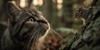 Tabby cat with green eyes looking up while climbing moss-covered tree branch in forest with bokeh background. Curious feline exploring nature outdoors.