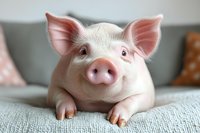 Adorable pink piglet with expressive eyes and perked up ears resting on gray textile sofa, close-up portrait showing charming facial features and friendly expression.