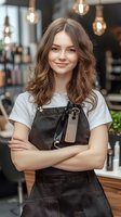 Young Caucasian female barista in black apron and white t-shirt standing with crossed arms at coffee shop. Warm lighting from pendant lamps creates welcoming atmosphere.
