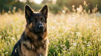 German Shepherd dog portrait in golden hour sunlight sitting in wildflower meadow with warm bokeh background for pet photography and animal themes.