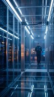 Male IT technician walking through modern data center corridor with server racks and LED lighting for technology and cloud computing concepts.