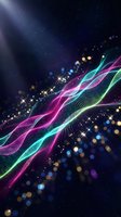 Abstract neon waves with glowing particles and bokeh lights on dark background. Digital art for technology, innovation, and futuristic design projects.