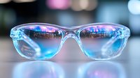 Transparent blue glasses with neon city lights reflection on lenses against blurred bokeh background, modern eyewear photography with vibrant colors and reflections.