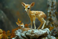 Young spotted fawn standing on rock in autumn forest setting with fallen orange leaves and misty background.