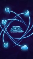 Neon glowing icons connected by cyan lines representing digital strategy ecosystem with search, analytics, social media, growth chart, target and cloud computing on dark background.
