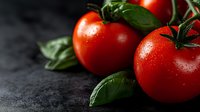 Fresh ripe red tomatoes with water drops and green basil leaves on dark background, macro food photography with selective focus and copy space.