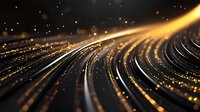 Glowing golden light trails curve across dark background with sparkling particles and bokeh effects creating dynamic abstract composition for luxury designs.
