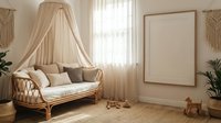 Cozy boho nursery interior with rattan daybed, canopy, macrame wall hangings, blank frame mockup and natural textures in warm neutral tones.