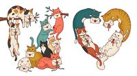 Cute cartoon cats forming number 19 in playful poses with various colors and expressions on white background isolated for design projects.