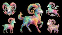 Colorful zodiac ram and goat characters with vibrant rainbow gradients, ornate patterns, and decorative details. Isolated on transparent background, ready for t-shirts, stickers, clipart, sublimation, and print-on-demand designs.