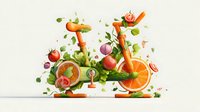 Creative concept of bicycle made from fresh vegetables and fruits with orange wheels and carrot frame on light background. Perfect for healthy lifestyle campaigns.