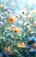 Delicate cosmos flowers in soft peach and yellow tones bloom against dreamy blue bokeh background, creating ethereal garden atmosphere in morning light.