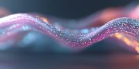 Glowing wave of sparkling particles flowing in abstract motion with pink and blue light effects against dark background, macro photography style.
