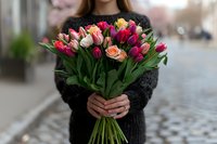 Vibrant spring tulip and rose bouquet held by woman in black sweater against blurred urban background, fresh cut flowers in pink, red, peach and yellow tones.