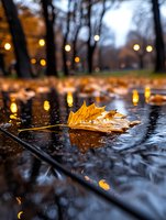 Fallen maple leaf floating in rain puddle with bokeh lights reflection during autumn evening, creating atmospheric mood in city park setting.