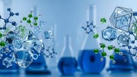 Scientific molecular structure models with geometric shapes and laboratory glassware in blue tones for chemistry research and education concepts.