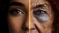 Dramatic split face portrait contrasting young dark-skinned woman with elderly caucasian woman divided by glowing light effect, representing aging process and diversity.