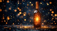 Glowing wine bottle against dark background with golden bokeh lights and sparkles creating magical festive atmosphere for holiday celebrations.