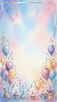 Watercolor birthday party frame with colorful balloons, cupcakes, gift boxes and confetti on pastel gradient background for celebration invitations.