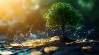 Green tree growing from golden coins with digital network connections, symbolizing sustainable investment and growth in financial technology.