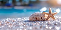 Starfish and seashell on sparkling white sand beach with turquoise ocean water and soft sunlight bokeh in background, tropical summer vacation concept.