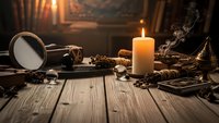 Mystical altar setup with burning candle, mirror, crystals and ritual tools on wooden table. Atmospheric witchcraft scene for spiritual practices.