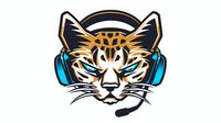 Stylized cat head wearing gaming headset with microphone, mascot design in orange, black and blue colors on white isolated background for esports team logo.