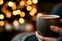 Cozy ceramic cup with hot beverage held in feminine hands against blurred golden bokeh lights background, creating warm atmospheric mood for winter holidays.