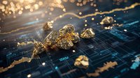 Raw gold nuggets scattered on digital financial chart with glowing market data and golden bokeh lights, representing cryptocurrency mining and digital wealth.