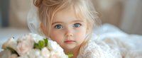 Young girl with blonde hair and blue eyes gazes at camera with gentle expression, wearing white lace dress, soft pink roses in foreground creating dreamy atmosphere.