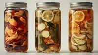 Preserved citrus and vegetables in mason jars with brine solution, showing fermentation process and homemade canning techniques for food storage.