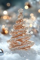 Elegant rose gold spiral Christmas tree brooch with crystal rhinestones on snowy background with soft bokeh lights, festive jewelry accessory for winter holidays.