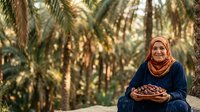 Middle-aged woman of Middle Eastern or North African ethnicity wearing a traditional orange hijab and dark blue clothing, holding a woven basket filled with fresh dates in a palm grove during golden hour sunlight, suitable for agricultural, cultural, food production, and lifestyle editorial use.