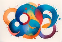 Abstract watercolor composition with overlapping circles in vibrant blue, orange, and red tones, featuring organic paint splatter effects and fluid shapes.