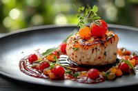 Grilled scallop with cherry tomatoes and microgreens on dark plate with red sauce, fine dining presentation against blurred natural background.