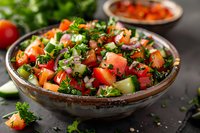 Fresh Mediterranean salad with diced tomatoes, cucumbers, red onions, and parsley in rustic ceramic bowl on dark background. Vibrant healthy food.