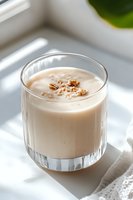 Creamy vanilla protein shake with crushed nuts in crystal glass on white surface with natural window light and soft shadows. Perfect for wellness content.