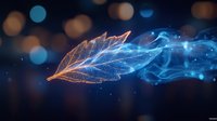 Glowing magical leaf dissolves into blue particles and light trails against dark background with bokeh effect, creating mystical nature transformation.