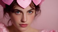 Young woman with bright blue eyes and pink heart decorations against pink background, expressing romantic Valentine's Day mood with soft dreamy expression and natural makeup.